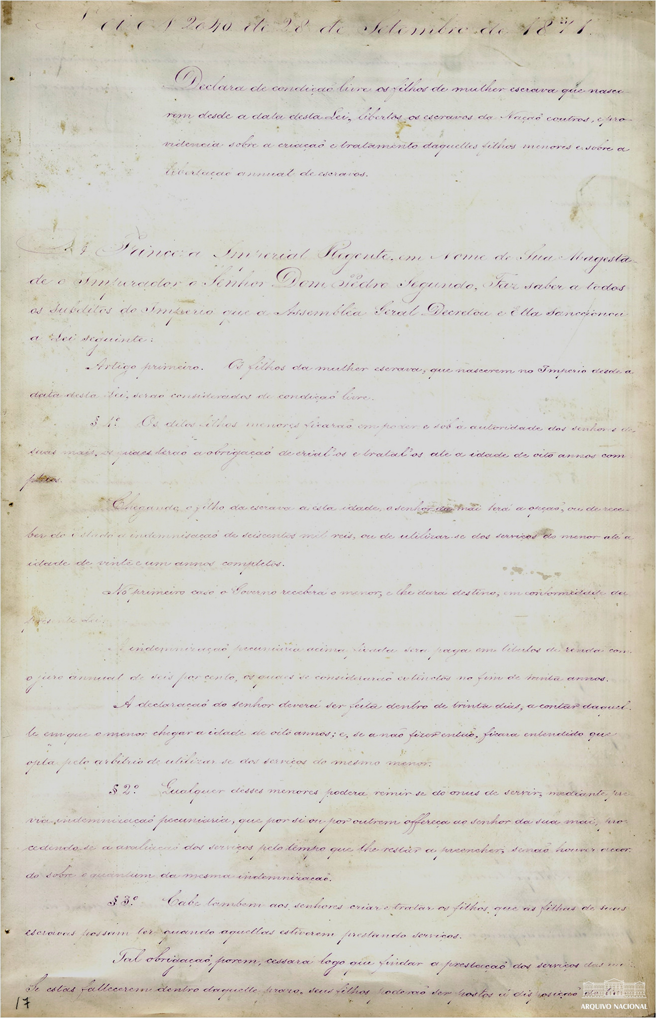 Imagem de referência de Lei do Ventre Livre, descrito nos dados abertos como lei de 1871 sobre a libertação de filhos de escravos a partir da promulgação