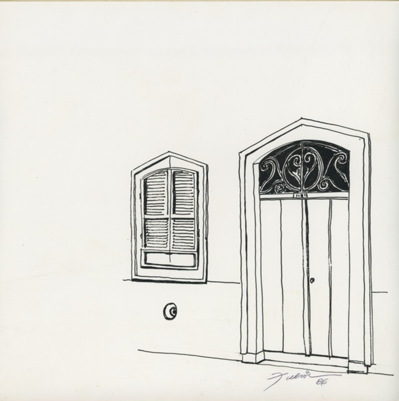 Imagem de referência de Porta e janela – Praça XV de Novembro, descrito nos dados abertos como desenho de Fúlvia Gonçalves (FG 114)