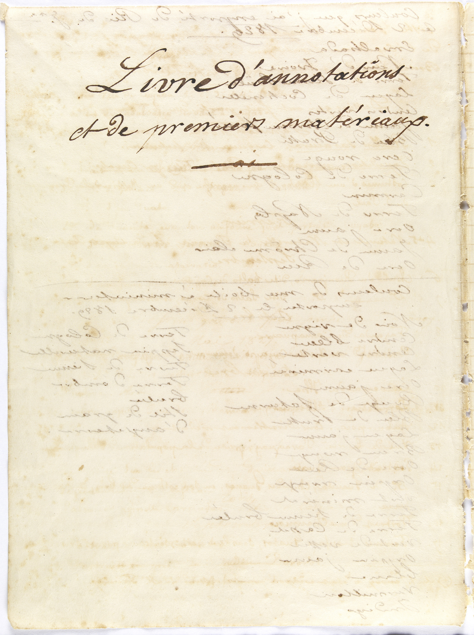 Imagem de referência de Livre d'annotations et de premiers matériaux., descrito nos dados abertos como obra do acervo do Instituto Hercule Florence