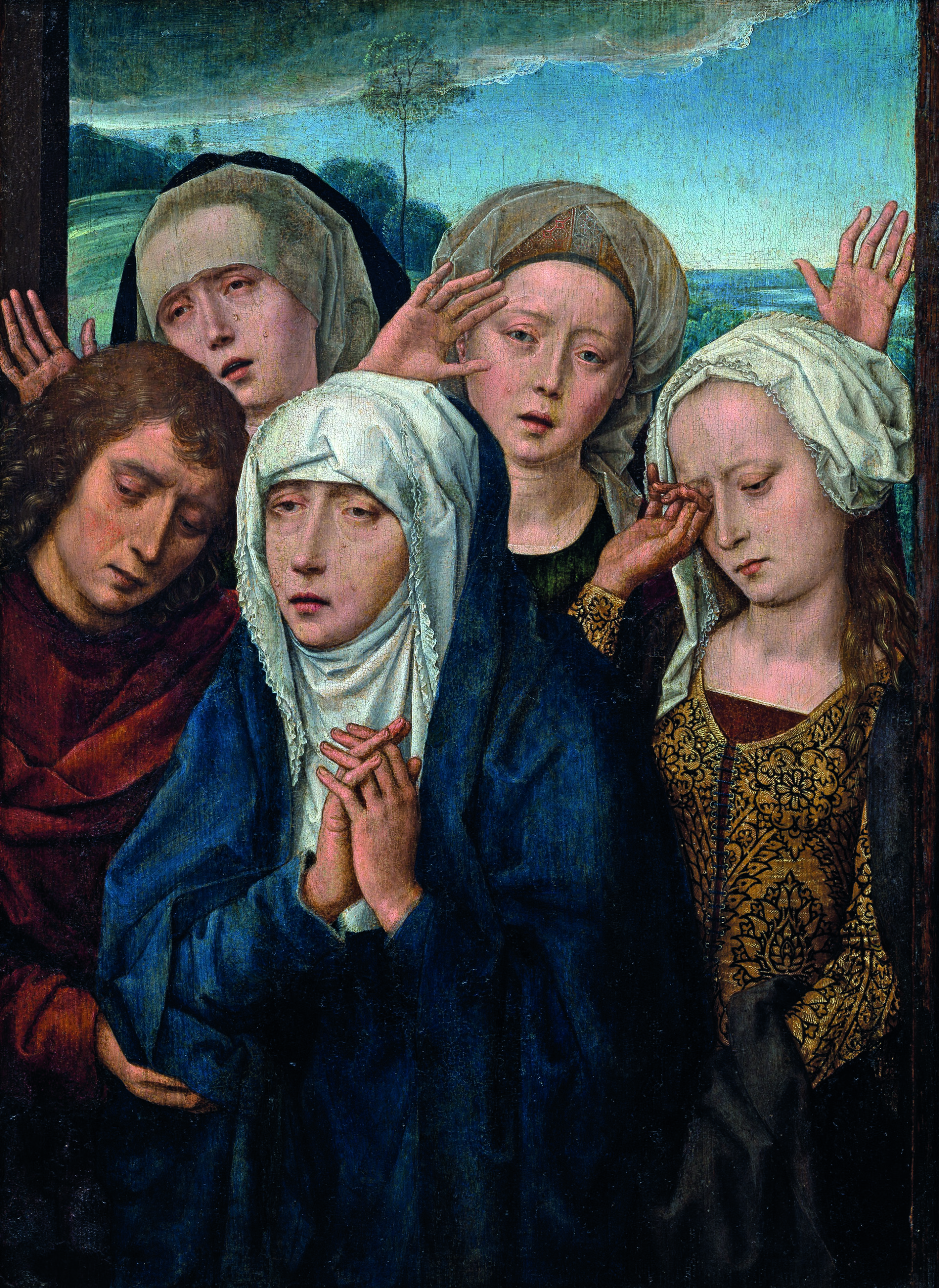 Imagem de referência de Virgem em lamentação, são João e as pias mulheres da Galileia, descrito nos dados abertos como pintura de Hans Memling