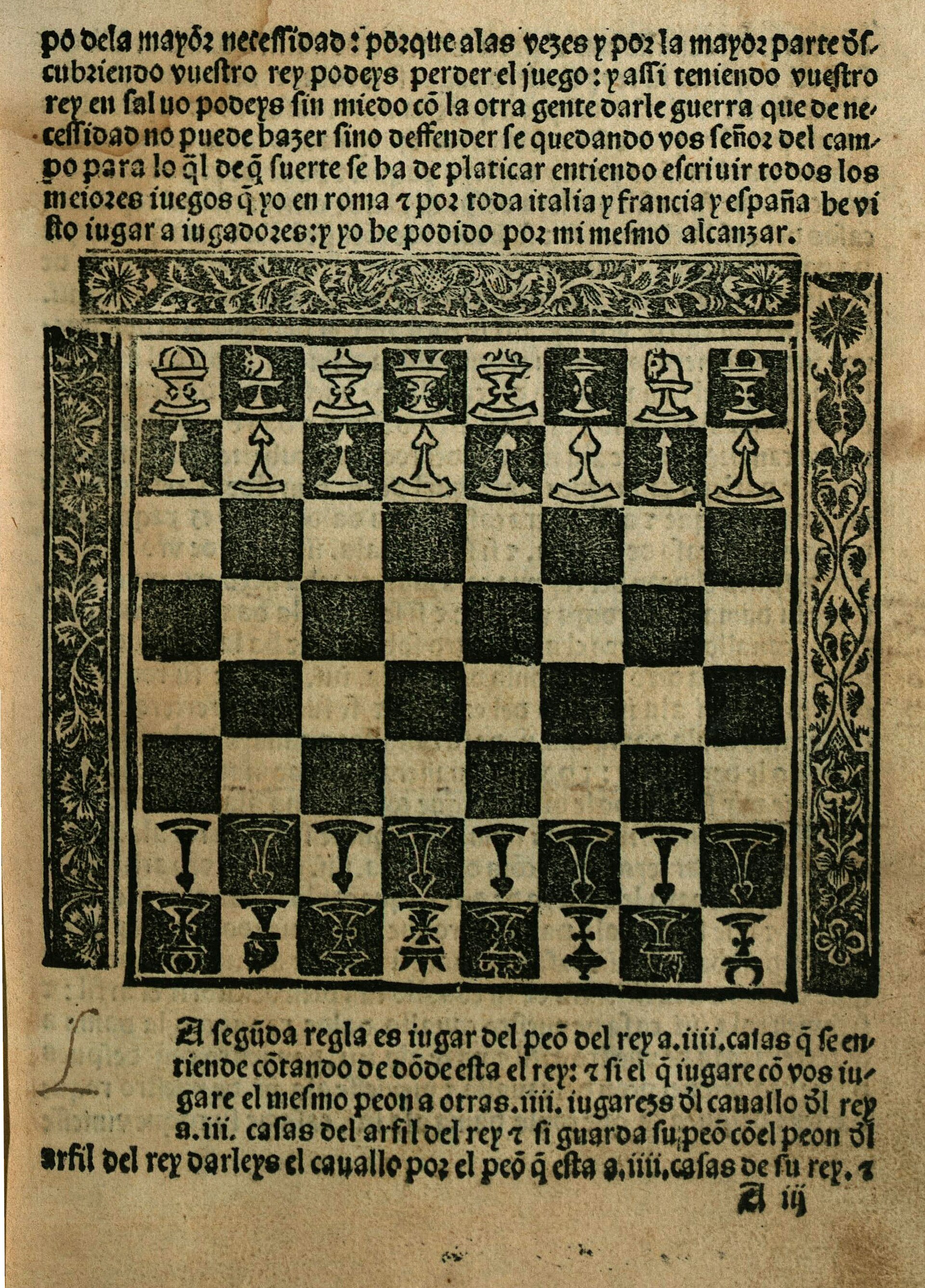 Imagem de referência de Repetición de Amores y Arte de Axedrez, descrito nos dados abertos como primeiro tratado enxadrístico impresso, produzido por Luis Ramírez de Lucena em 1497