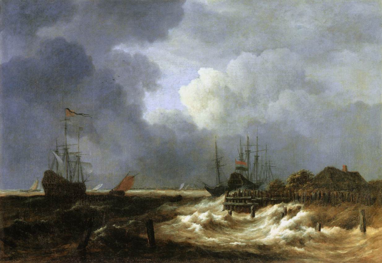 Imagem de referência de Navios em tempo tempestuoso na costa, descrito nos dados abertos como pintura de Jacob van Ruisdael