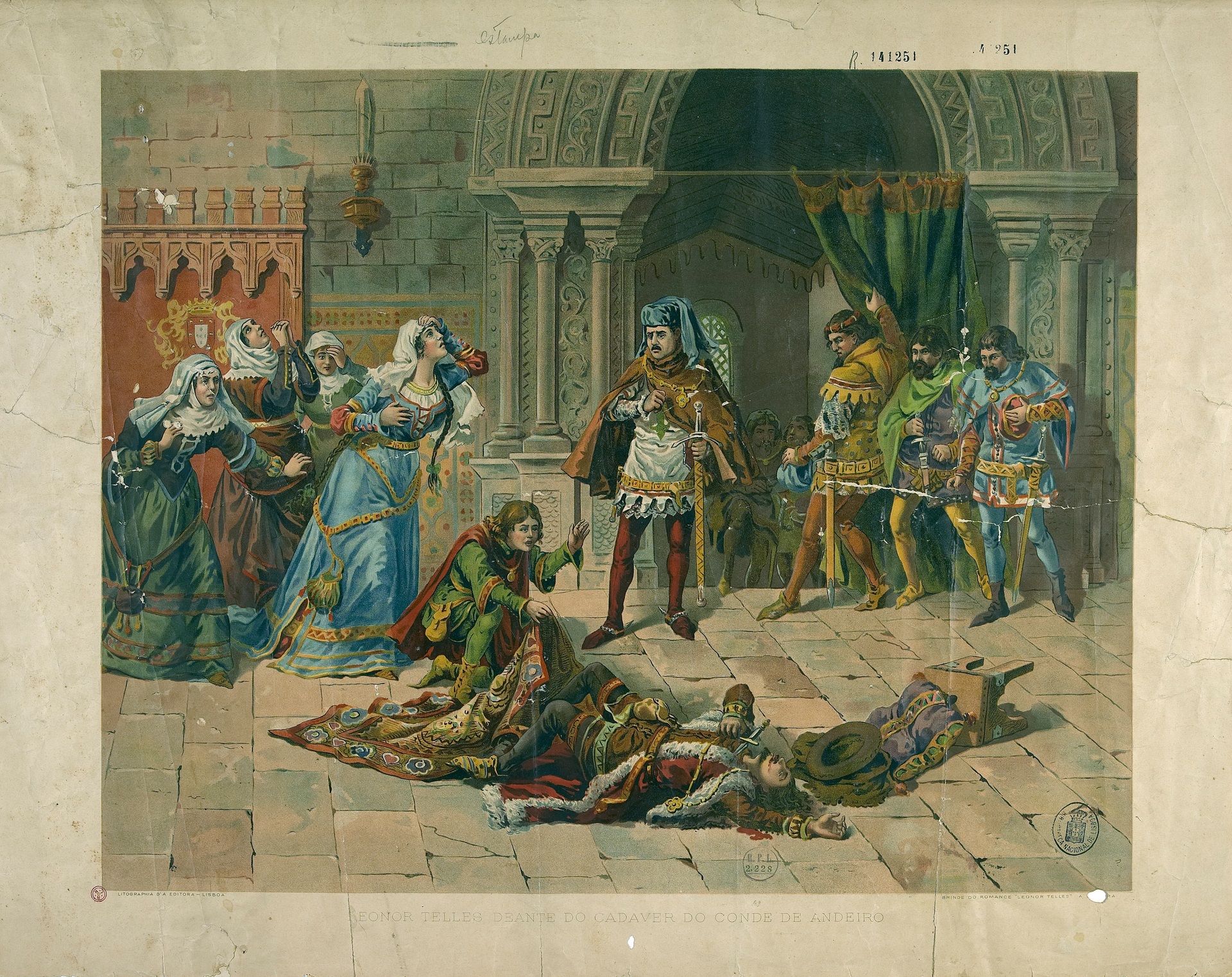 Imagem de referência de Leonor Telles deante do cadaver do conde de Andeiro, descrito nos dados abertos como litografia de Roque Gameiro