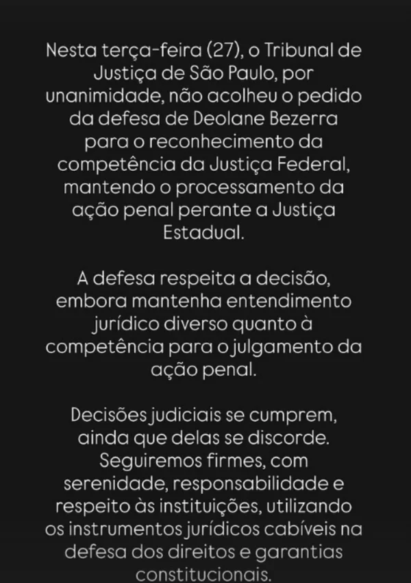Irmã de Deolane publica nota após derrota judicial da influenciadora