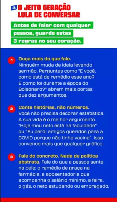 Cartilha do PT ensina como eleitor 70+ pode ajudar Lula no 2º turno: ‘Ouçam mais do que falem’