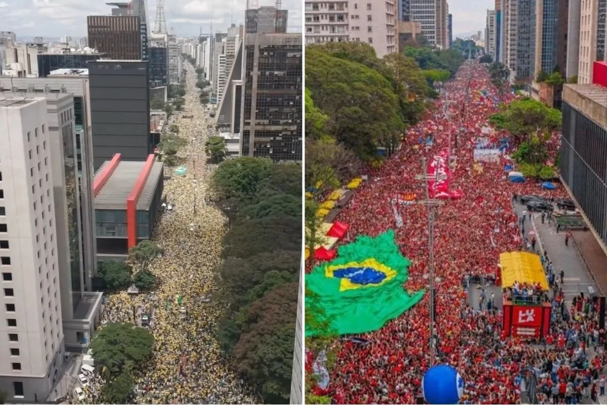 Imagem colorida mostra manifestações pró-Lula e pró-Flávio na Avenida Paulista